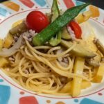 挽肉と地物野菜のオリーブオイルスパゲッティ